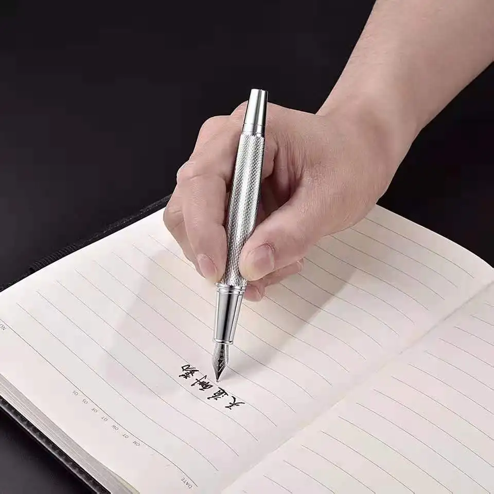 

BL Silver Fountain Pen Metal Ink Pen F Nib Converter Filler Stationery Office School Supplies Writing Gift