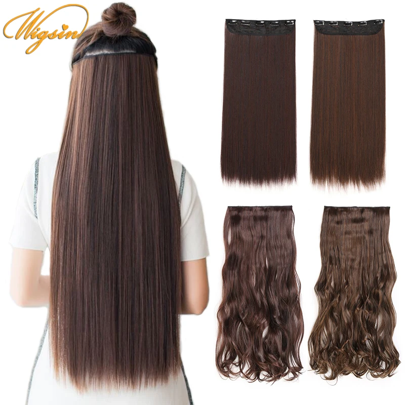 

WIGSIN Synthetic 24Inch Long Straight Curly 5Clip in One Piece Hair Extensions Black Brown Blond Wave Hairpiece for Women