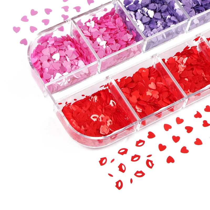 

12Grid/Set Shining Love Heart Sequins for Nails Sparkles Glitter Red Mixed Size Flakes for Nail Art Slice Decor Paillette