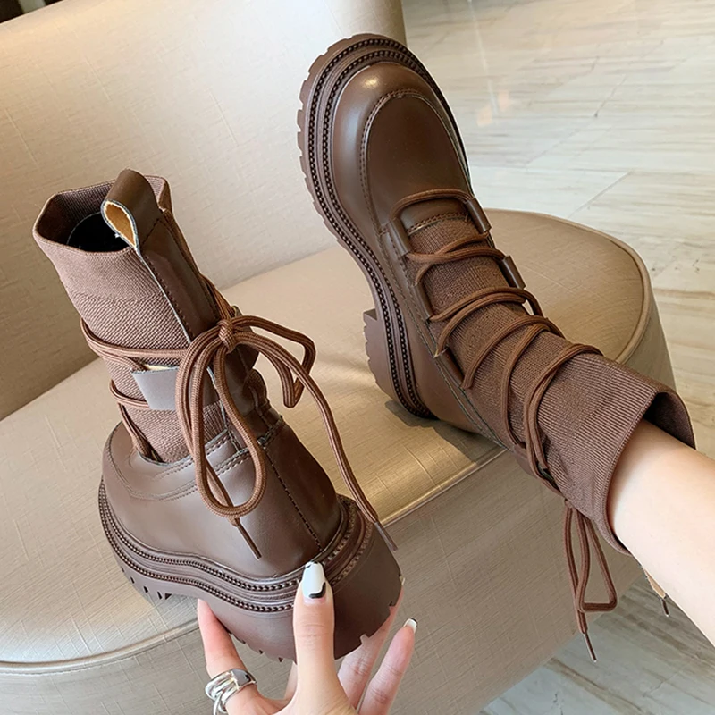 

Women Modern Boots Fashion 2021 Ladies Ankle Short Stretch Boots Female Cross-tied Platform Shoes Woman Autumn Casual Shoes