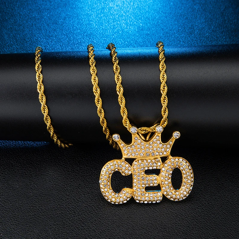 US7 Crown CEO Letters Necklace &amp Pendant Paved Rhinestoned Bling Iced Out Pendants With Chain For Men Hip Hop Jewelry | Украшения и