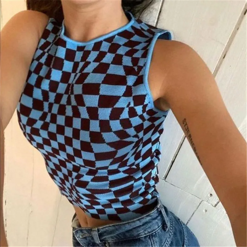 

Vintage Plaid Printed Y2K Knitted Women's Tank Tops Summer Harajuku Crop Tee Streetwear Aesthetic 2021 e girl green Cute Shirts