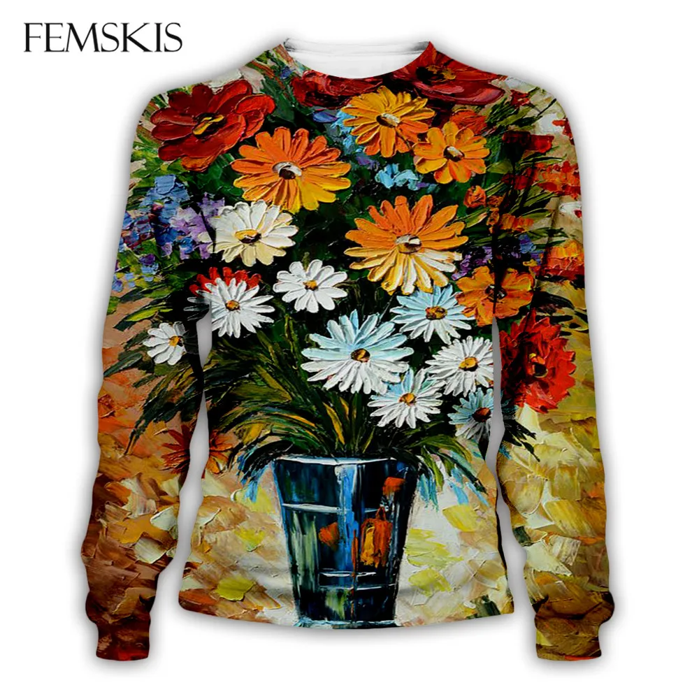 

FEMSKIS Fashion 3D Sweatshirt Flowers Floral Pullover Print Long Sleeve Outerwear Women Men Pullovers Couple Clothes Street Wear