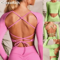yoga shirt sling backless workout clothes gym clothing long sleeve crop top for fitness activewear sportswear tracksuit