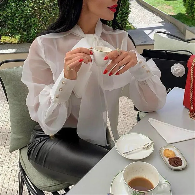 Женская белая рубашка с пышными рукавами сетчатый прозрачный топ пуловер