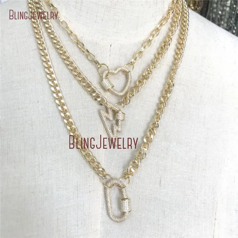vender Ouro Curb Chain Gargantilha Ouro Mergulhado Coração Oval Fecho Cz Pave Parafuso Fecho Colar Nm28178