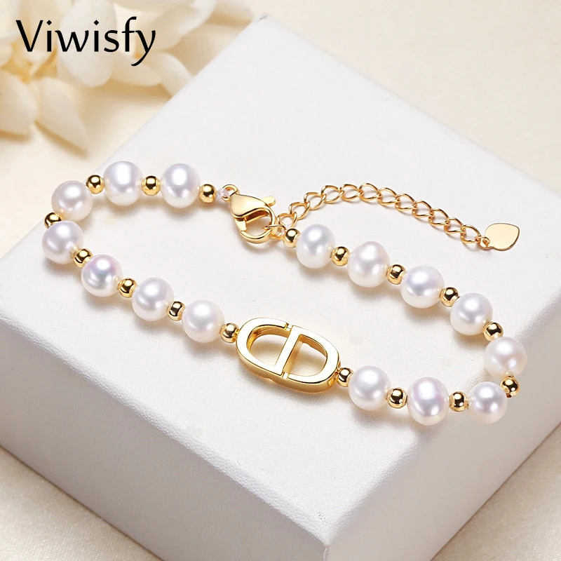 

Viwisfy Gold Color 18K Beads Chain Extend Freshwater Pearl Charm Bracelets Woman Jewelry Fine Strand Bangles For Girl VW21462