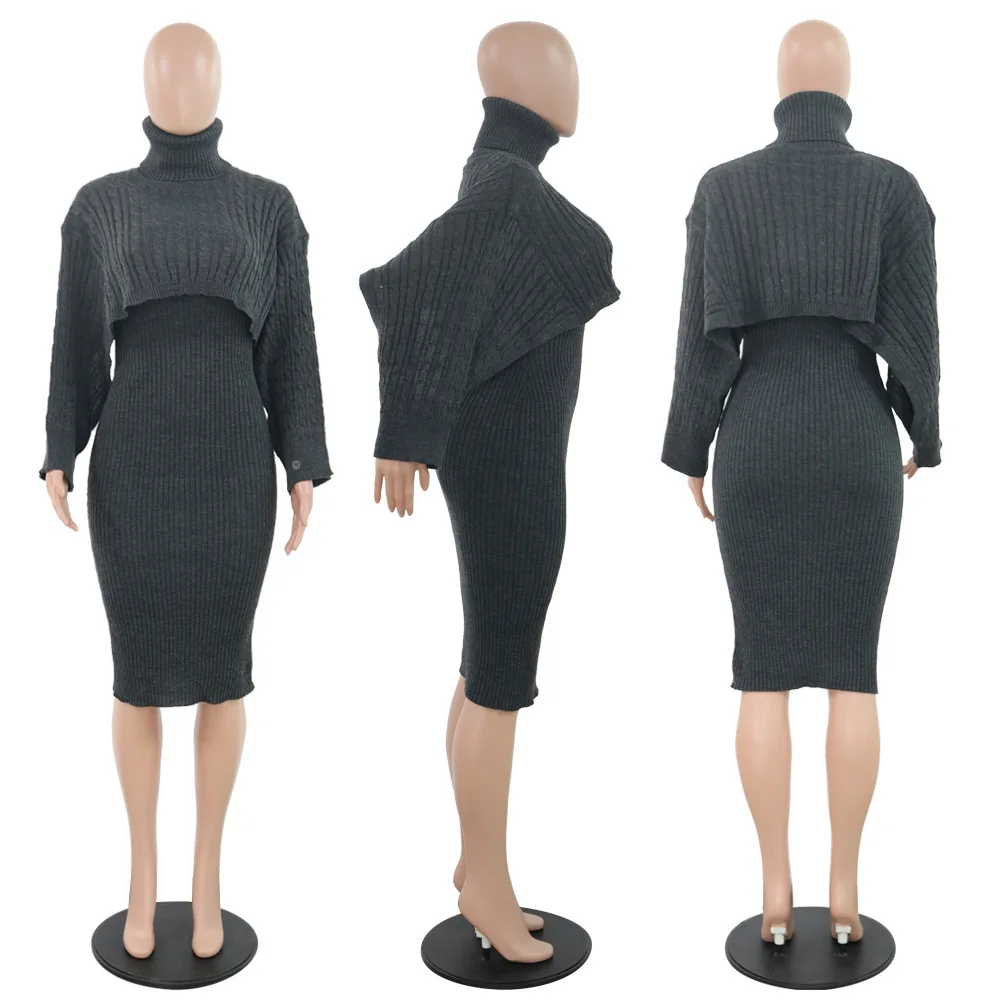 Autumn Winter Knitted Sweater Two Piece Set Turtleneck Long Sleeve Loose Crop Top+ Bandage Midi Tank Dress Plus Size Tracksuit