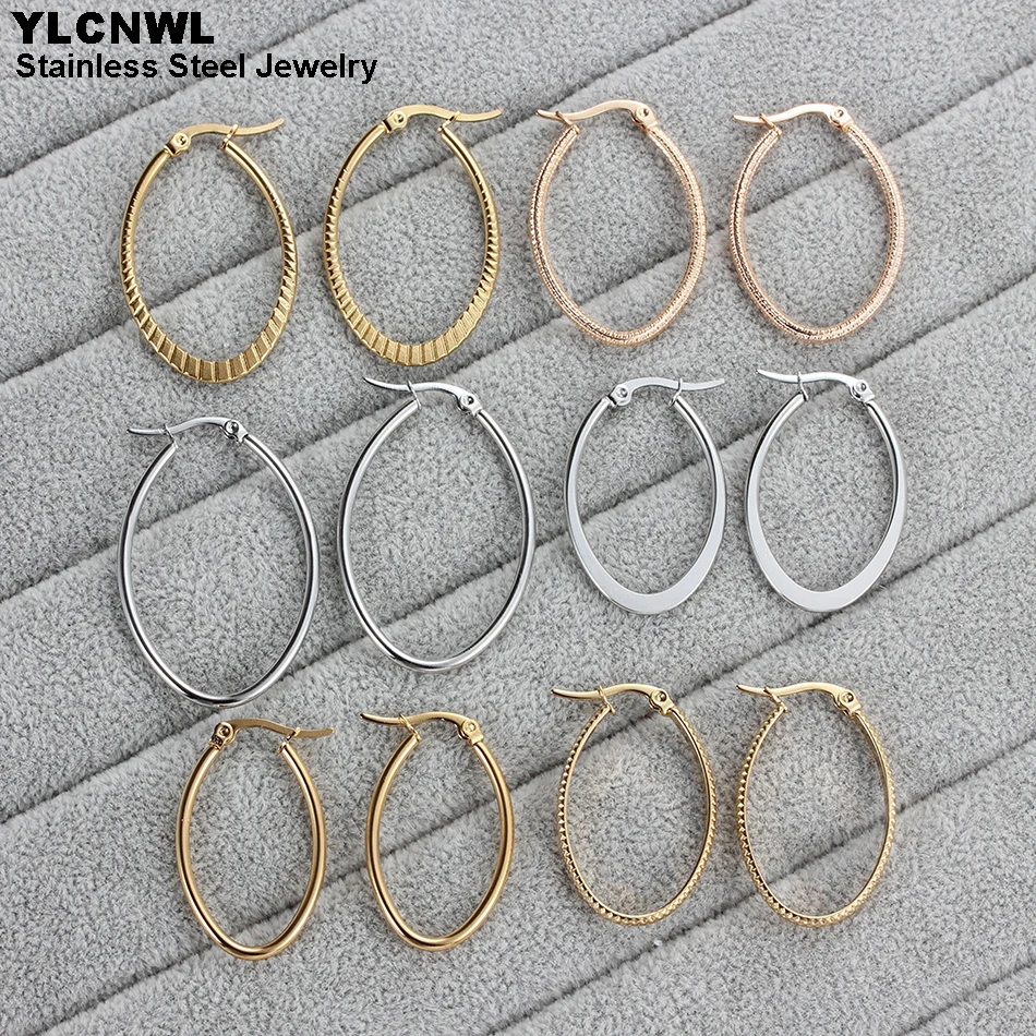 Rose/Gold Color Stainless Steel Oval Hoop Earrings For Women Ladies Korean Style Fashion Trendy Jewelry 2020 Party Gift