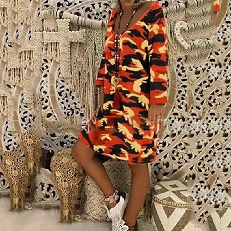 

Elegant Casual Dress Knitted Female Home New Year's Summer Bohemian Camouflage V Neck Printed Long Sleeved Mid Length Dresses