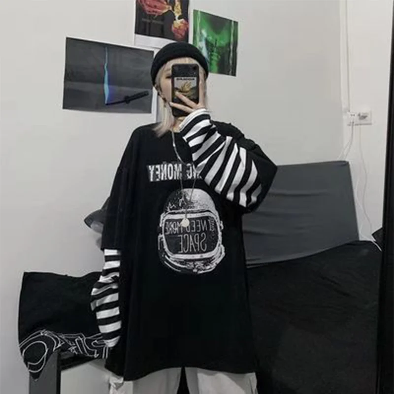 

2021 NEW Casual Letter Print O-Neck stripe Tees Creativity Loose T-Shirts Women Long Sleeve Oversize top Hip Hop Streetwear