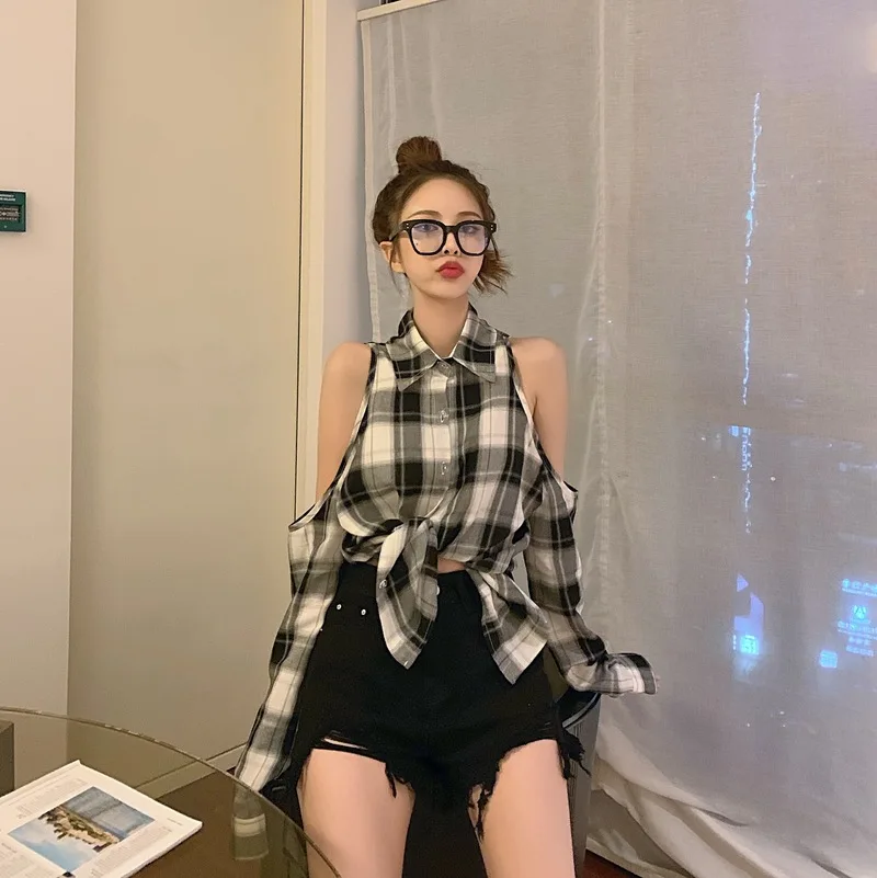

full vintage off shoulder summer Women's Clothing loose hollow out Trend shirt turn-down collar plaid Harajuku style ladies tops