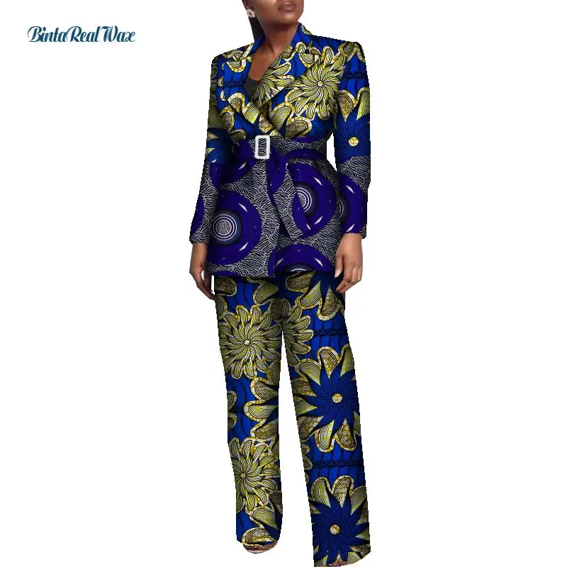 New Office Women Clothes African Print Patchwork Turn-Down Collar Suit Pants for Women Bazin Riche 2 Pieces Pants Sets WY8557
