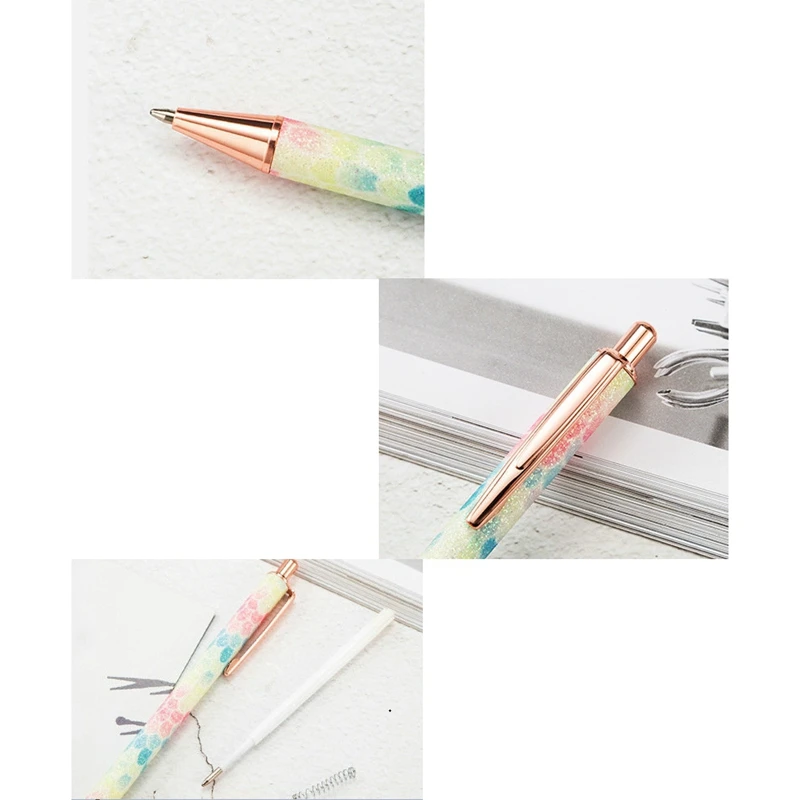 

9 Pcs Ballpoint Pens Metal Retractable Pen Black Ink 1mm Medium Point Glitter Rose Gold Click Ball Pens Gifts