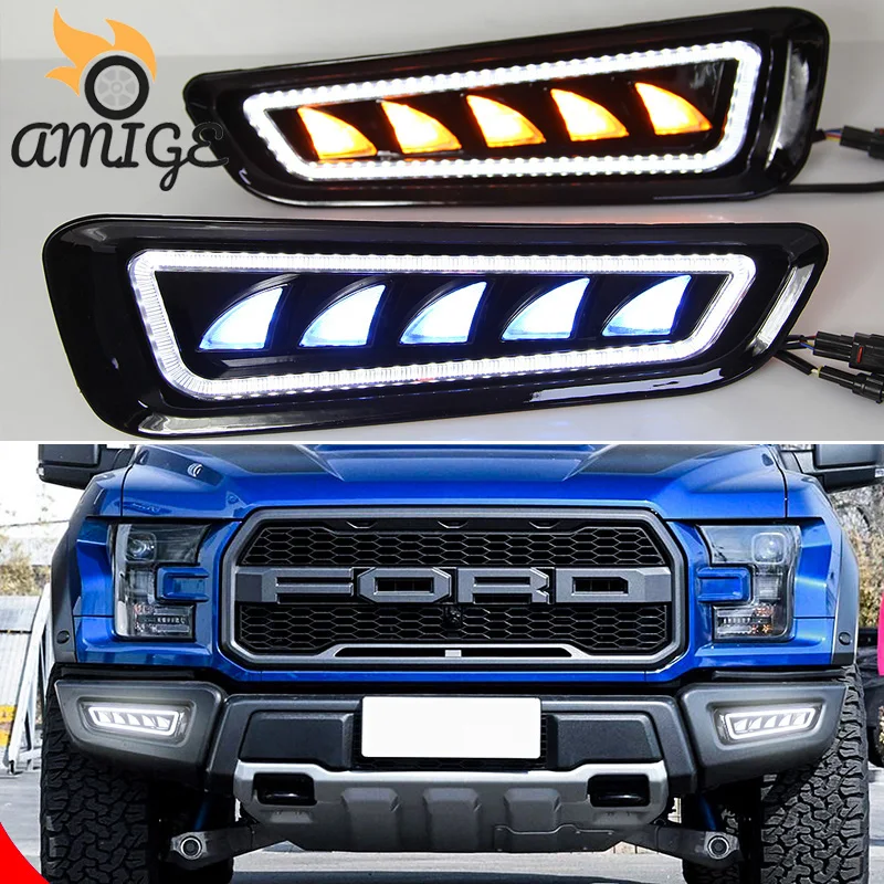 

12V LED Daylights For Ford Raptor SVT F150 F-150 2015 -2017 2018 2019 Yellow Turning DRL Car LED Daytime Running Light Foglamps