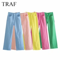 traf pants for women za fashion jeans pockets solid color wide leg jeans vintage high waist zipper fly female denim trousers