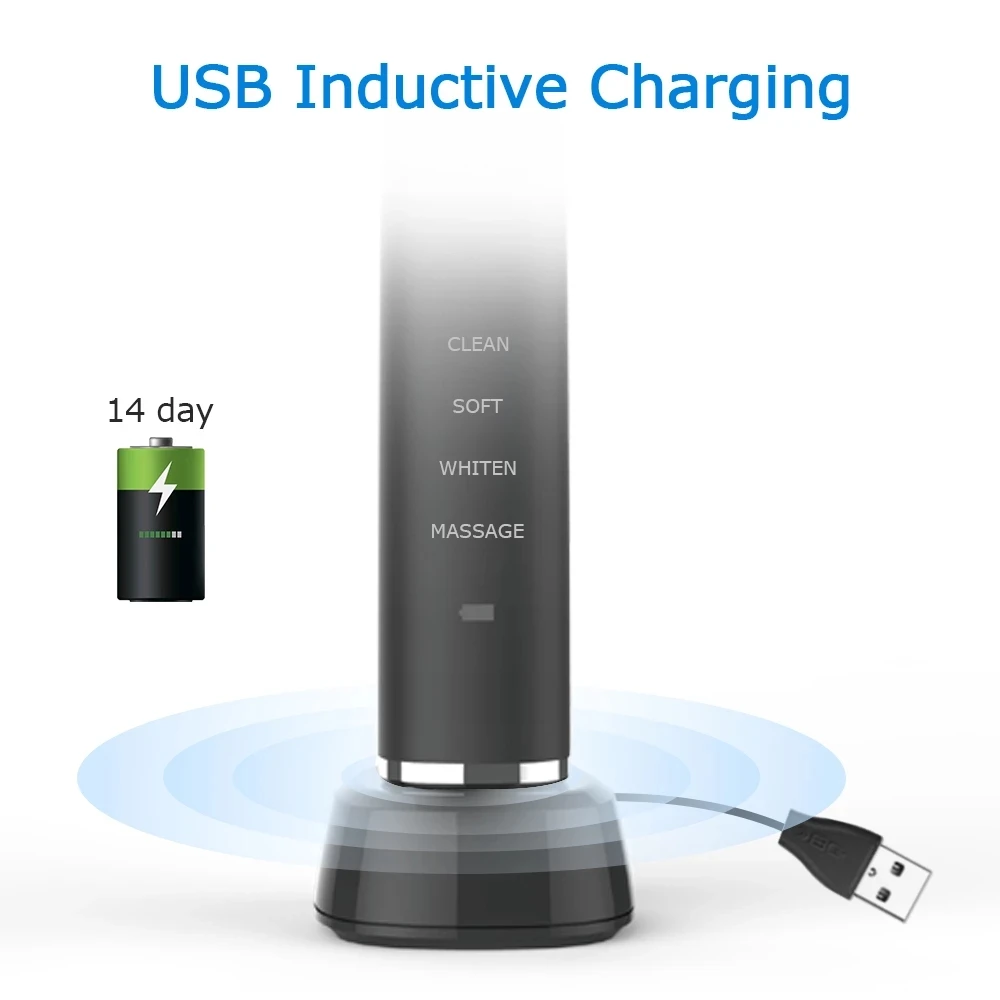 

Electric Toothbrush USB Inductive Charging Sonic Toothbrush Adults Electric Sonic toothbrush Black 8 Brush Heads & Travel Case
