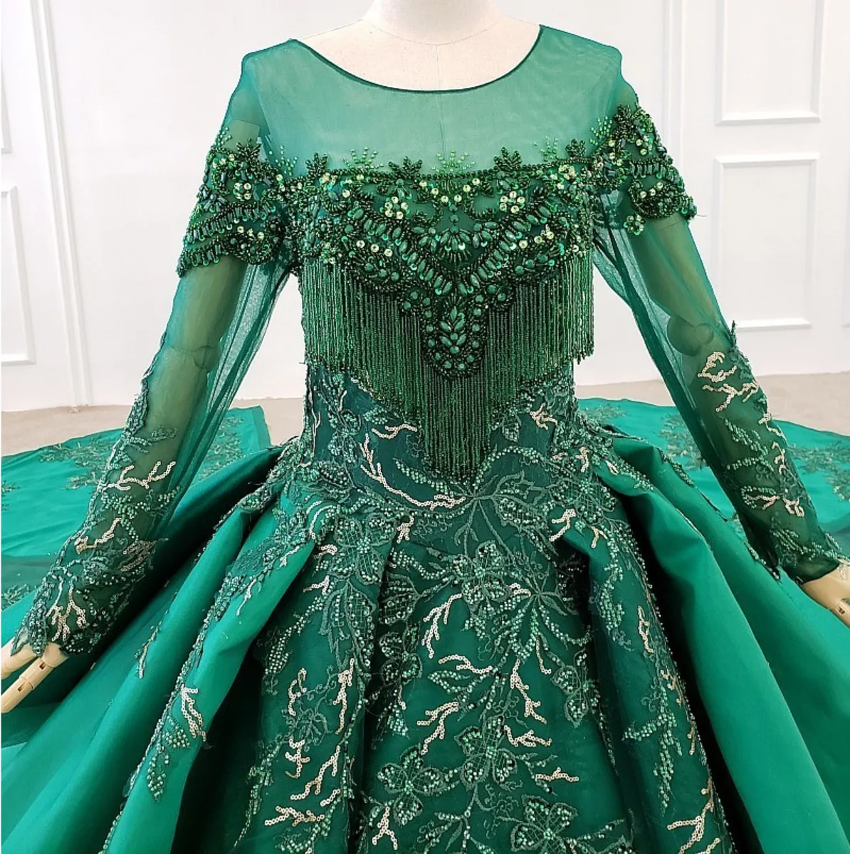 Королевское зеленое праздничное платье с круглым вырезом и длинным рукавом из