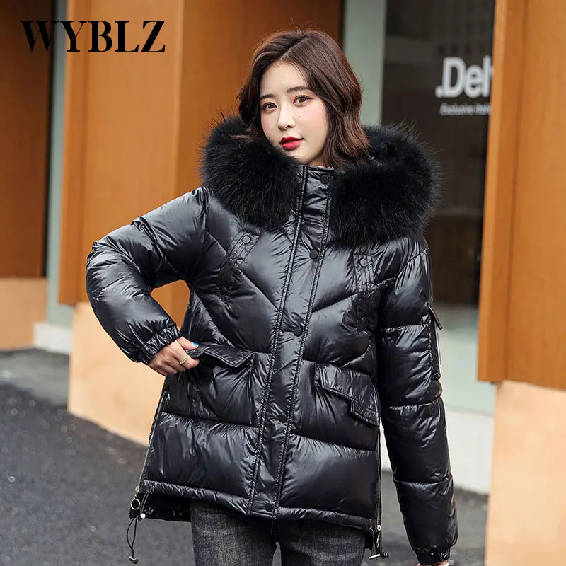 WYBLZ Winter Clothing Women Warm Cotton Jacket Hooded Fashion Padded Femme Parkas Coat Fur Collar Solid Color Loose Jackets 2021
