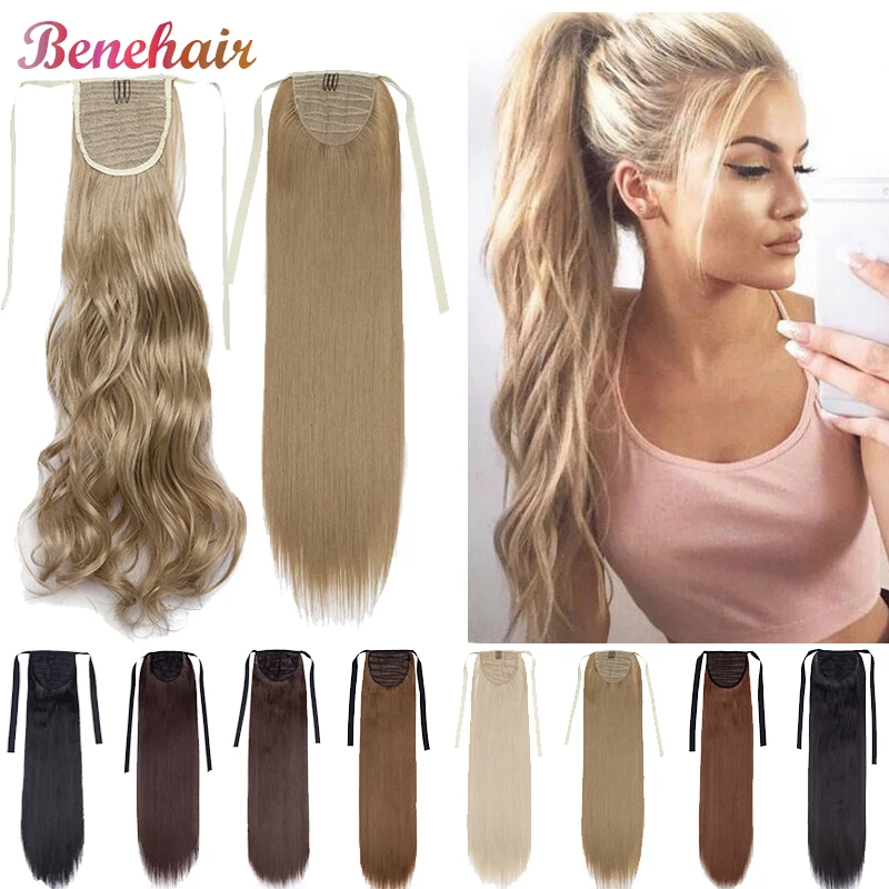 

BENEHAIR Clip In Ponytail Hair Extension Fake Ponytail Long Wavy Synthetic HairPiece Wrap Around Ponytail Clip Exension ForWomen