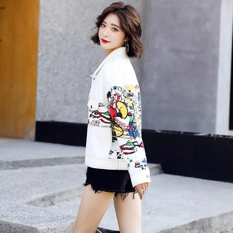 Женская джинсовая куртка SLLSKY короткая однобортная с принтом граффити свободная