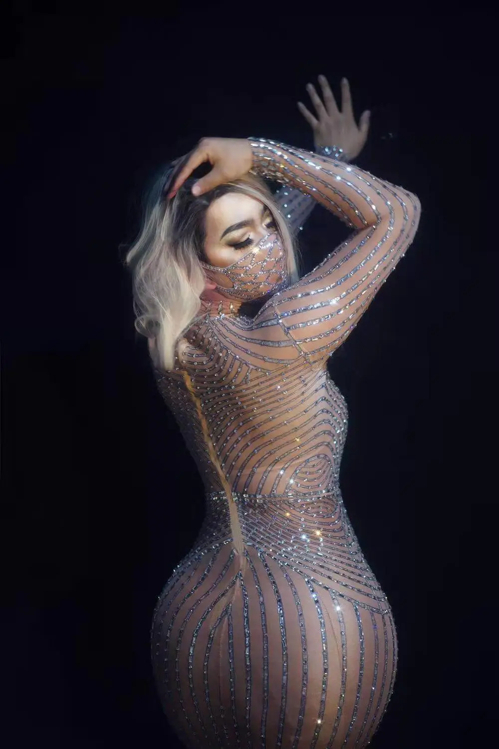 

Women Rhinestones Mesh Transparent Long Dresses for Women Wedding Celebrate Outfits Evening Prom Party Dress Stage Show Costumes