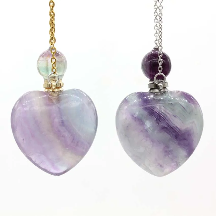 

Natur Fluorite Heart Perfume/Essential Oil Bottle Pendant Necklace Unisex Stainless Steel Chain Necklace Women's Jewelry 30x30mm