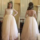 2020 кружевное платье с длинными рукавами и открытой спиной; милое кружевное платье с цветочным узором для девочек на свадьбу; Детские вечерние платья в пол для дня рождения