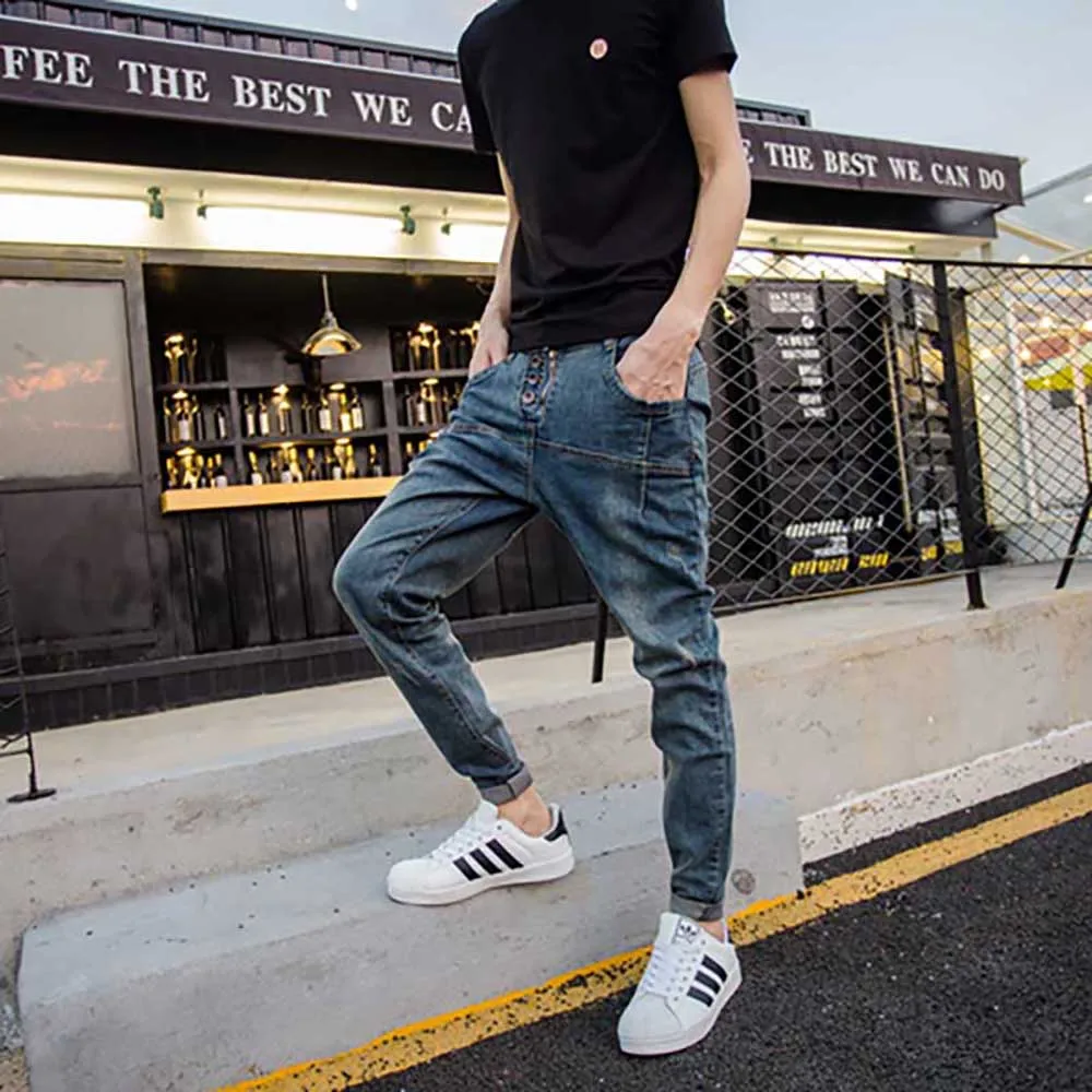 Japanese Retro Washed Old Jeans Pants Men Vintage Loose Hip Hop Harem Pants Large Size Skinny Feet Slim Trousers Men Clothes