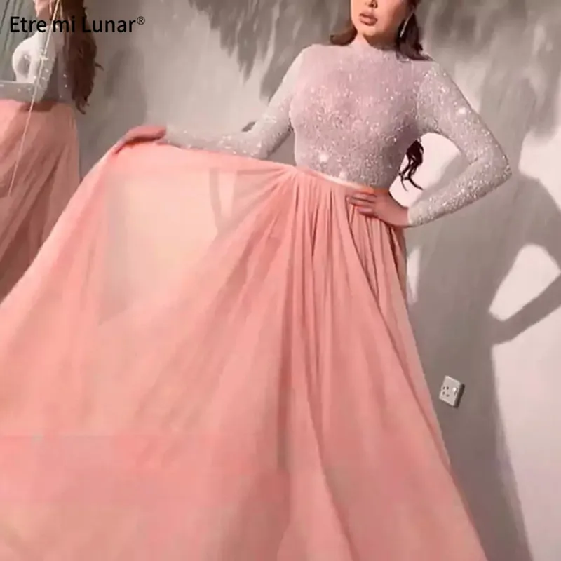 

Latest Design Pink High Collar A-Line Evening Dresses 2020 Long Sleeves Sequined Sexy Formal Dress BLE4063