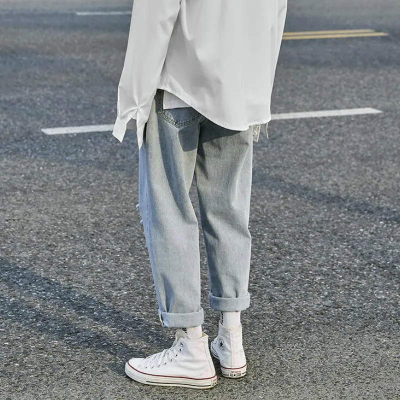 

Men Jeans Summer Straight Wide-leg Thin Hole Ripped Oversize 3XL Loose Leisure Washed Denim Trousers All-match Fashion Korean