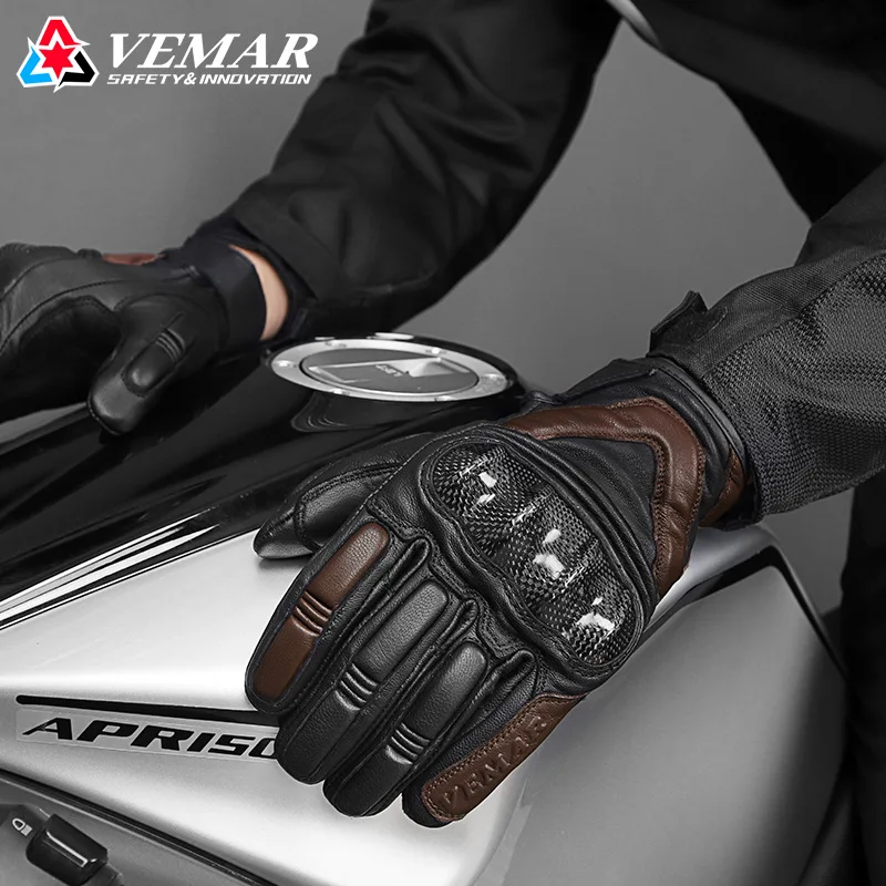 

VEMAR Motorcycle Gloves Leather Motorbike Gloves Breathable Carbon Fibre Motocross Gloves Touch Function Guantes Moto
