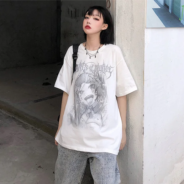 

Harajuku style cartoon cute Rabbit Devil letters print pink T-shirt women Summer tee girl tops Goth Kawaii
