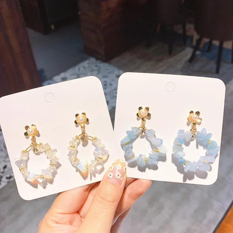 

OSHUER Handmade Opal and blue Natural stone beads Drop Earrings For Women Girl Party flower Jewelry