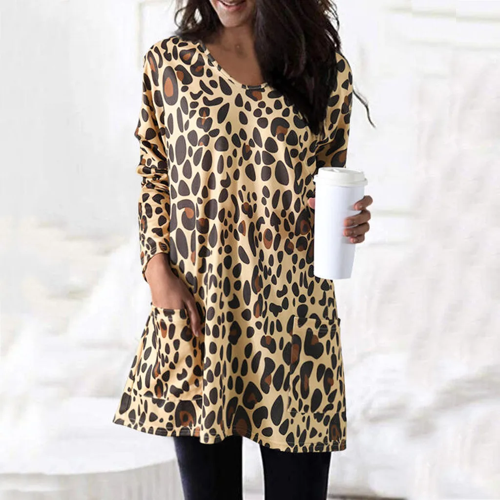 Женская футболка с круглым вырезом длинным рукавом и леопардовым