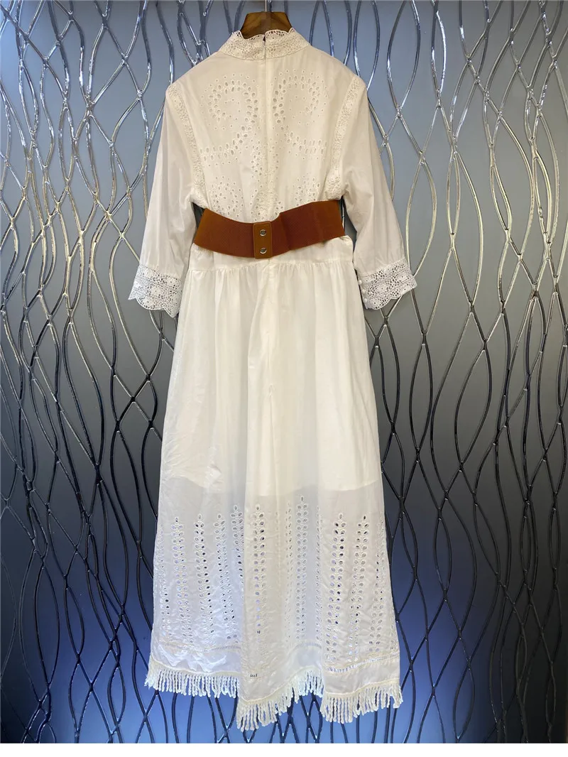 

Summer European High Street Designer Dress Woman Half Sleeve Embroidered Cutout Belted Prom Gown