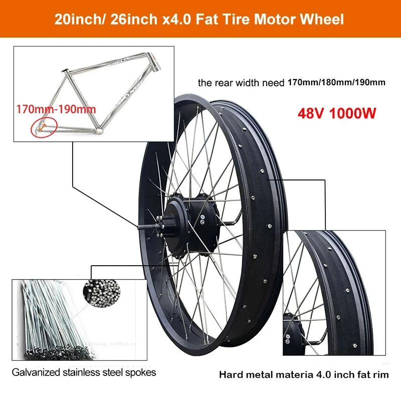 

Electric Fat Bike 48V 1000W Rear Brushless Hub Motor Wheel 20 26 inch 70mm 190mm ebike kit For Ebike Conversion Kit 20Ah Battery