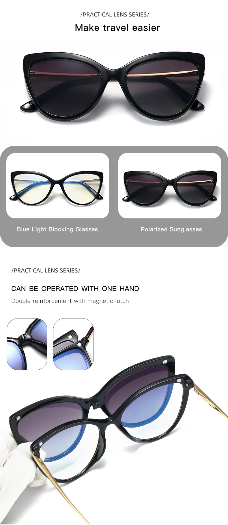 2 in 1 Magnetic Sunglasses Women Brand Polarized Cat eye Clip On Sun Glasses Female 2021 Optical Prescription Anti Blue Glasses guess sunglasses