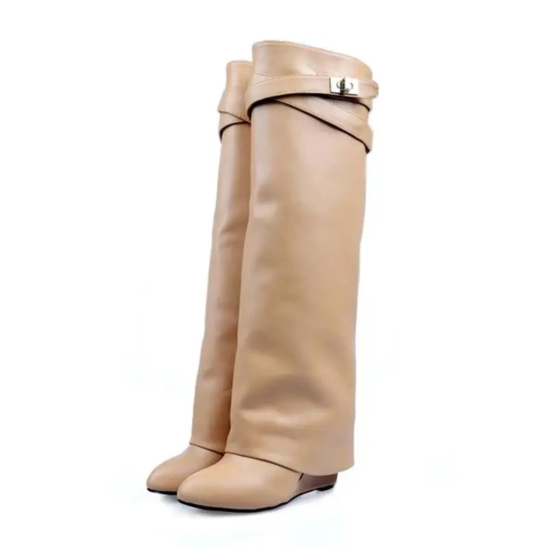 

Shark Lock Women Wedge Boots Black Fold Knee High Heel Boots Pointed Toe Long Boots Female Wedges Heel Botas BigSize