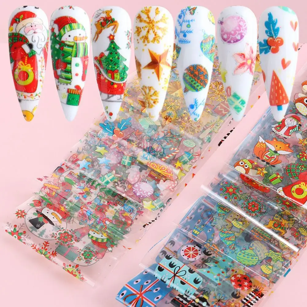 

Зимние рождественские наклейки для ногтей, 10 шт., красочные снежинки, Санта-Клаус, фольга для ногтей, Переводные бумажные наклейки для творч...