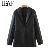 traf women fashion faux leather single button blazers coat vintage long sleeve pockets female outerwear chic tops