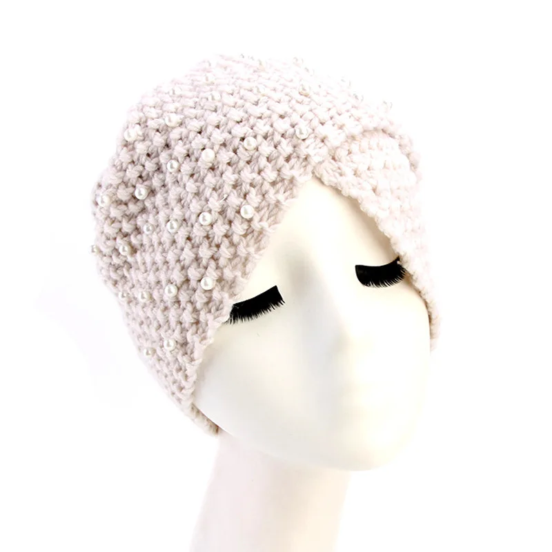 2020 New Knit Turban Cross Women Hat Winter Warm Twist Hair Wrap Solid Casual Skullies Beanies Pearls Beads Headwear | Аксессуары для
