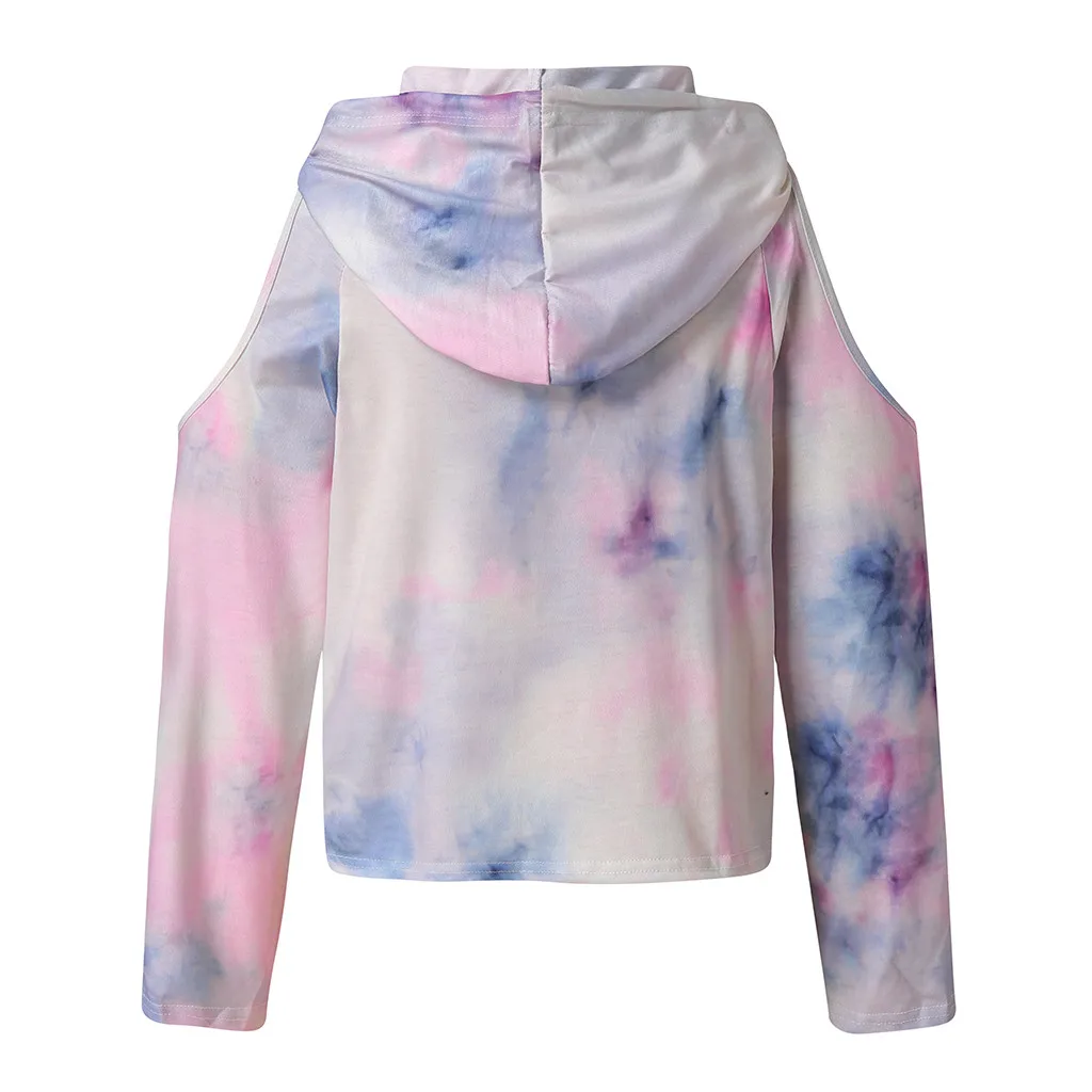 

Ladies Hoodie Color Tie Dye Printed Shoulder Cut-out Long Sleeve Hooded Sweatshirt Blouse Pullover Hooded Sweatshirt