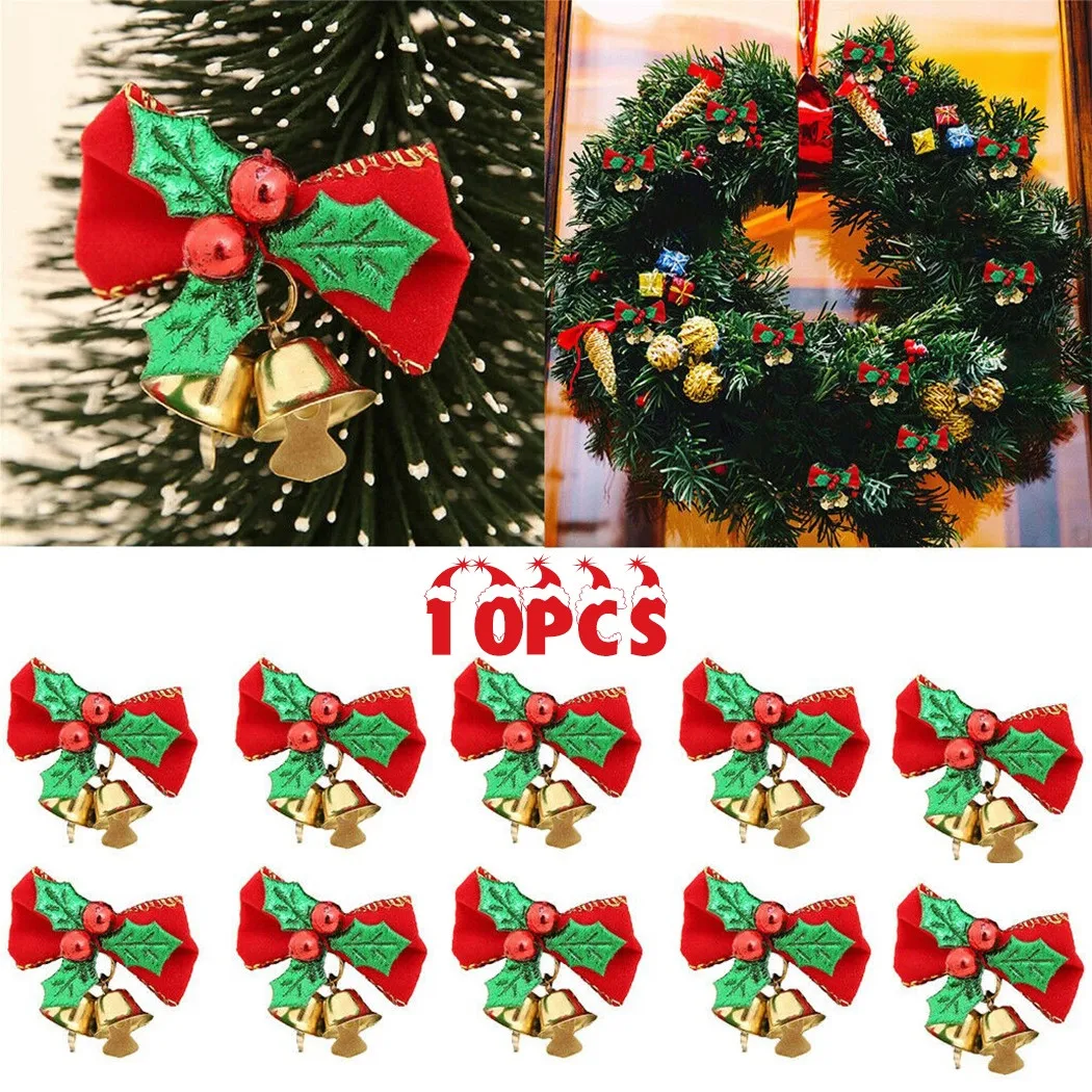 

10Pcs Red Fabric Bows With Bells Decorations Christmas Tree Ornament New Year Xmas Festive Party Supplies