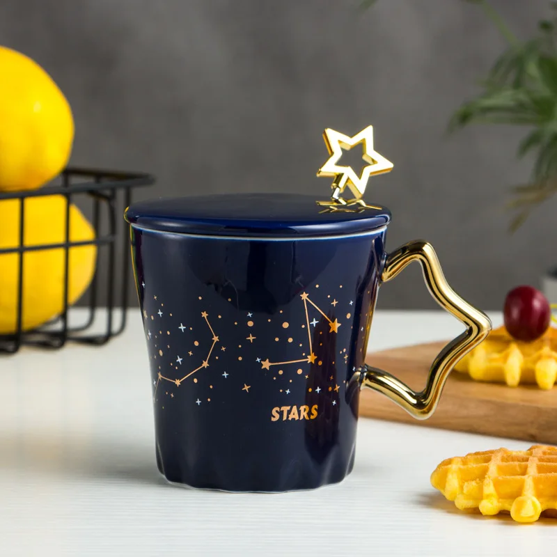 

Креативная кофейная чашка с золотой звездой, кружка для чая, кружки, чашки и кружки, кружка для напитков с крышкой, оригинальная Красивая забавная керамическая чашка для пива
