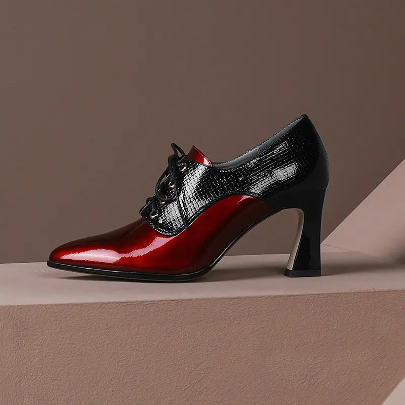 

Quality Genuine Leather Pointed Toe Party High Heels Shoes Woman lace up Spring Summer Brand Office Pumps Shoes