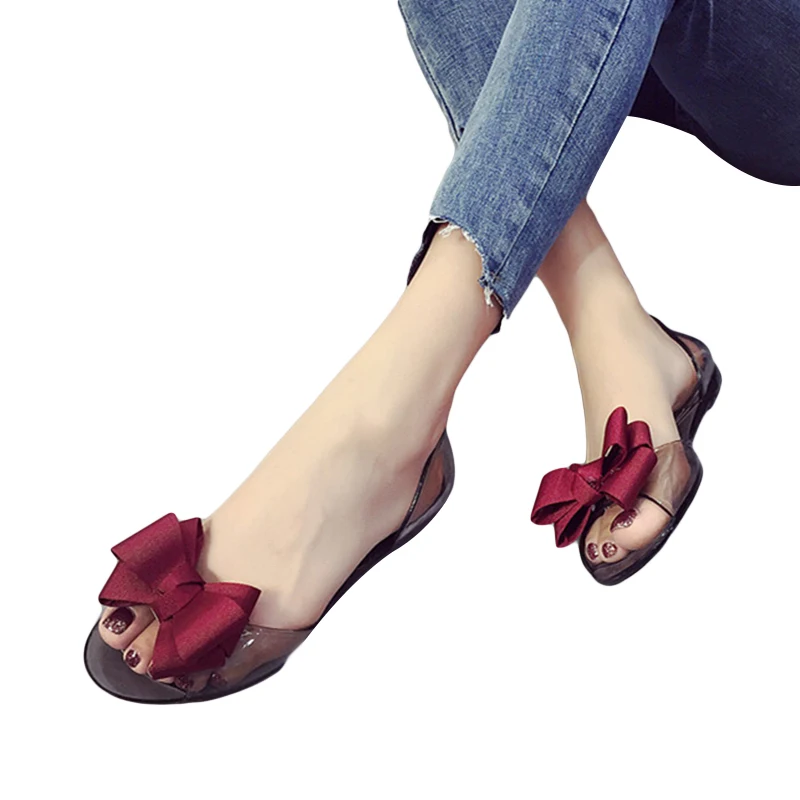 Женские пляжные сандалии-желе на плоской подошве с бантом и цветами | Обувь