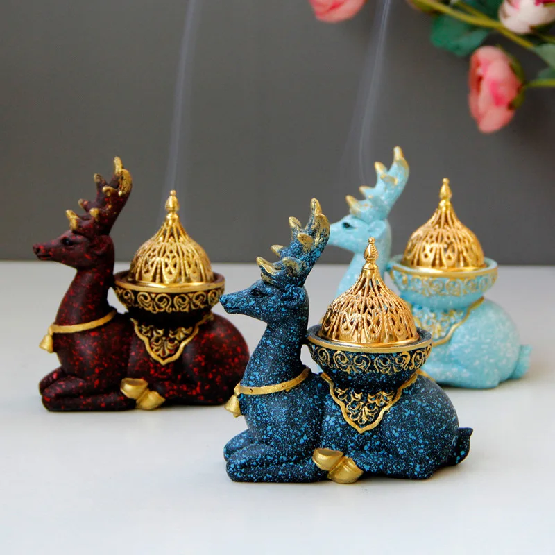

Nordic Style Color Marble Pattern Resin Reindeer Combination Golden Metal Incense Burner Middle East Arabian Aromatherapy Burner