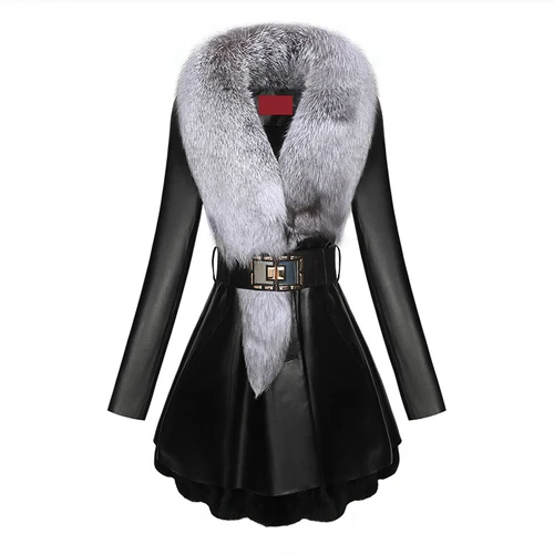 black-Buckle belt KMETRAM куртка из натуральной кожи, зимнее пальто для женщин, воротник из лисьего меха, пуховик для женщин, длинное пальто из натуральной овчины, Chaqueta Mujer MY - Цвет: black-Buckle belt