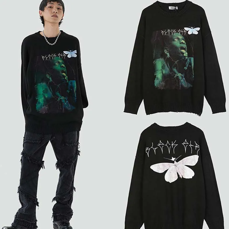

Men High Street Knitted Sweaters Butterfly Tie-Dye Graffiti Pullovers Vintage Oversized Streetwear Autumn Winter Warm Couple Top
